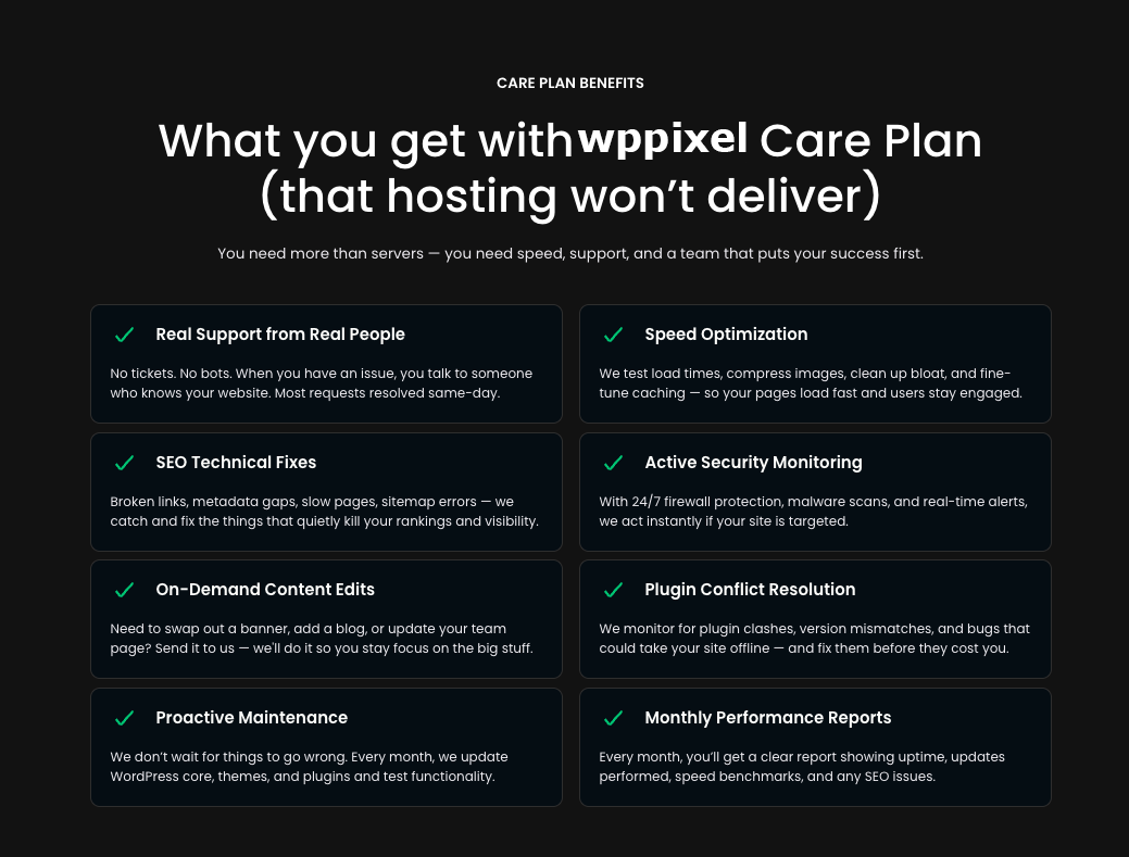 List of features included in WP PIXEL  care plan like support, SEO fixes, and monitoring - WP PIXEL
