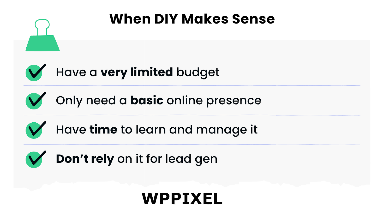 Checklist explaining when DIY website building is suitable based on time and budget - WP PIXEL