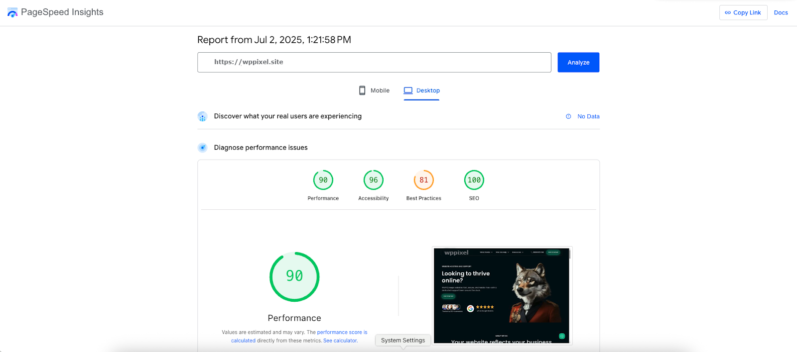 PageSpeed Insights report showing 90 performance, 96 accessibility and 100 SEO score on desktop - WP PIXEL