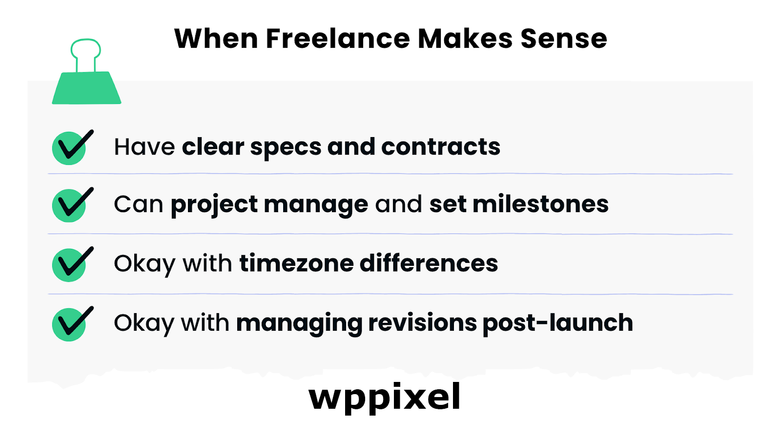 Checklist explaining when freelance web dev is ideal based on contract, timezone, and PM - WP PIXEL